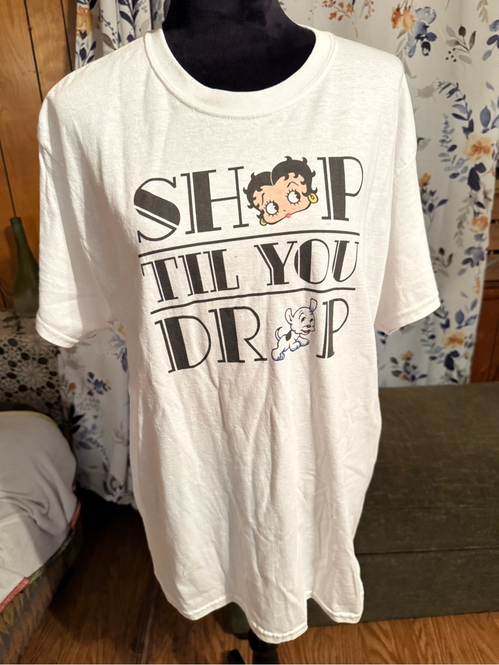 White Short Sleeve Graphic Tee - 'Shop Til You Drop'